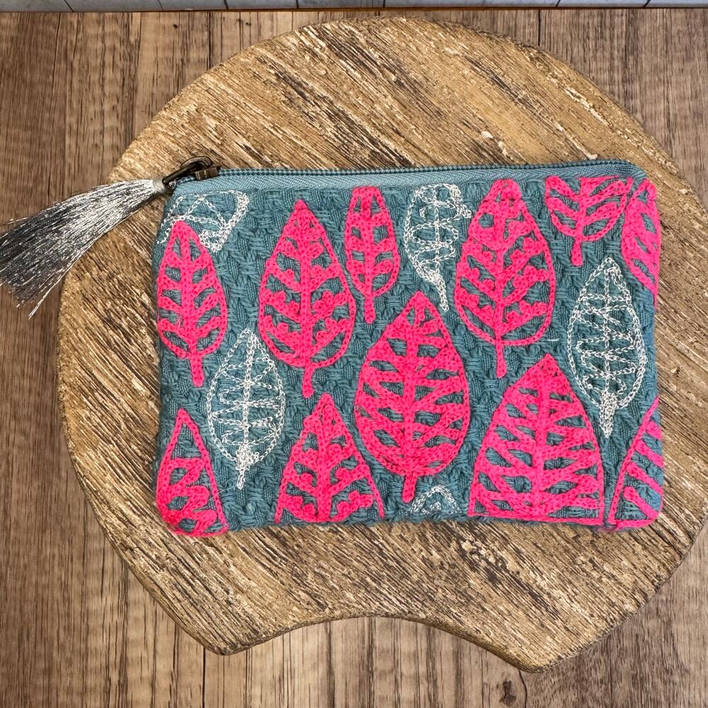 Spring Coin Purse 6 x 4 in Makeup Bag Cotton Pouch Blue Pink Leaves NEW